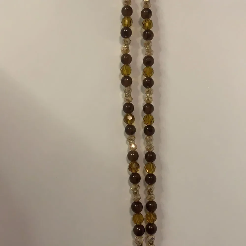 Long‎ Brown Gold Beaded Necklace with Tassels 24 Inches Long